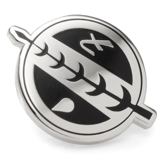 Metallic emblem with black and white design on a white background