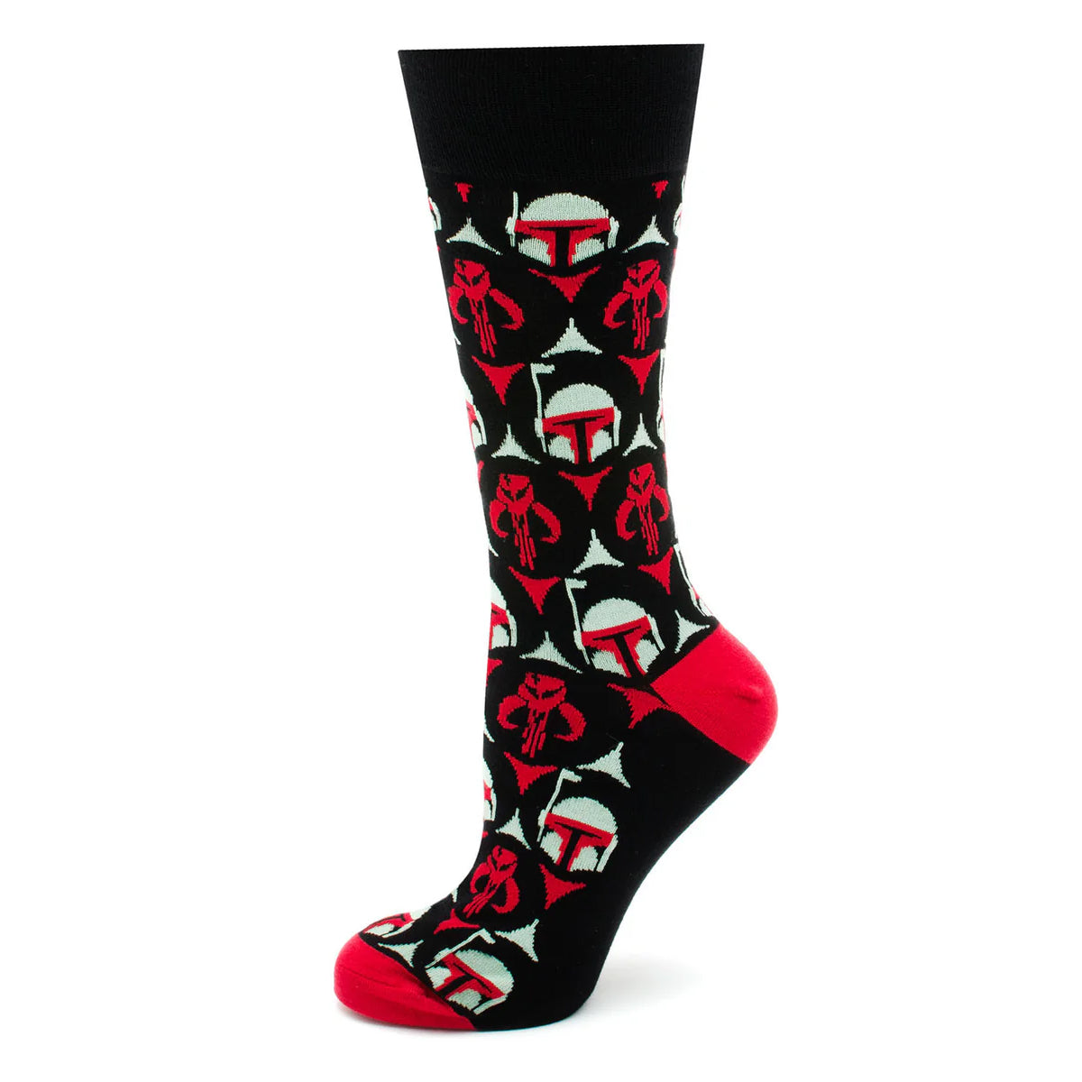 Black sock with red and gray pattern on a white background