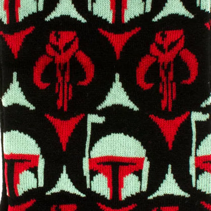 Pattern of a character with red and green accents on a black background