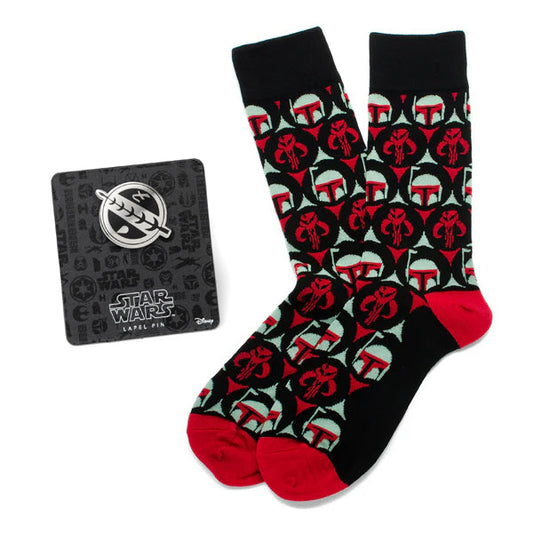 Pair of socks with a pattern and a Star Wars branded card on a white background
