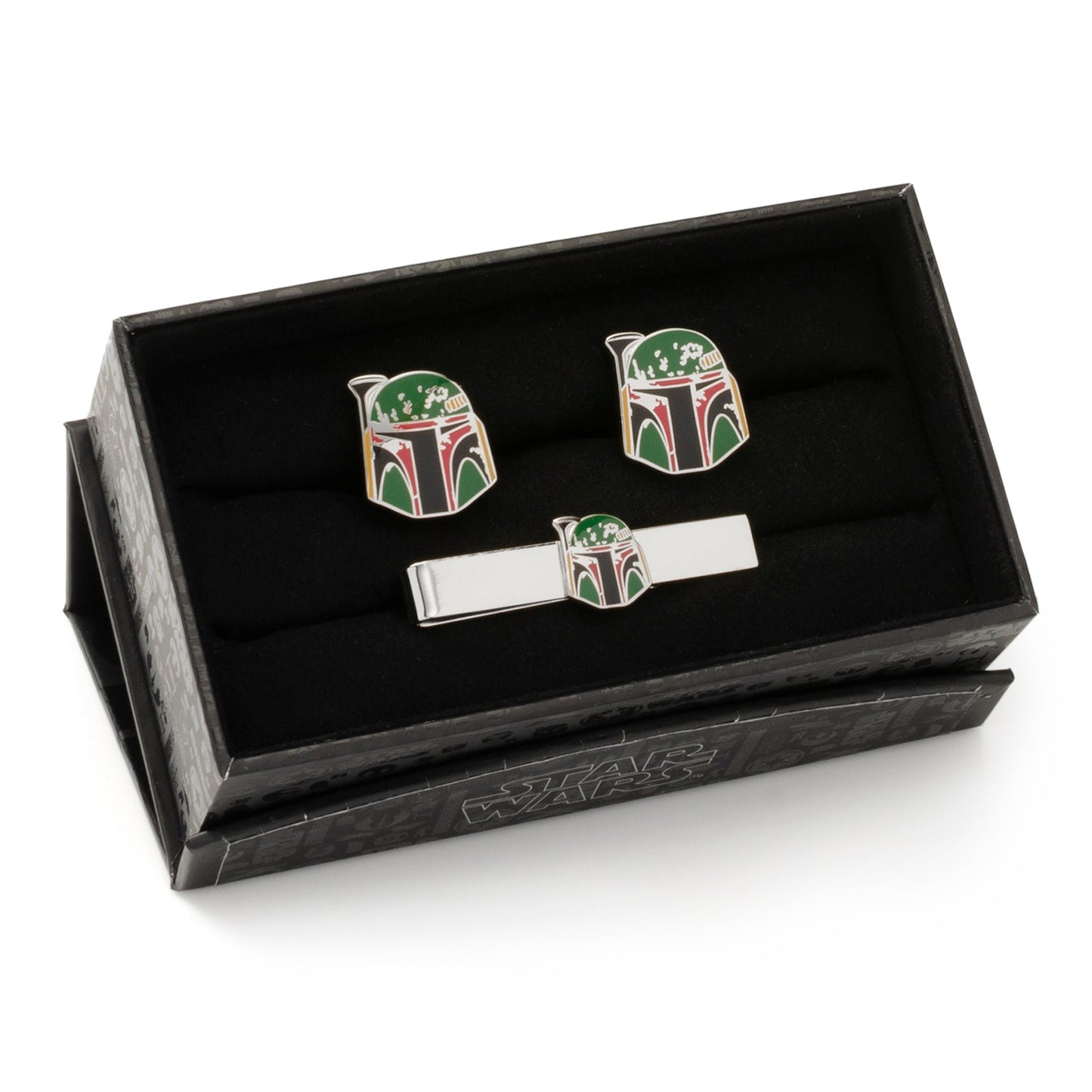 Boba Fett-themed cufflinks and tie clip set in a black box on a white background
