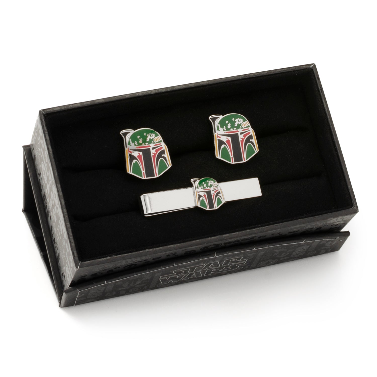 Boba Fett-themed cufflinks and tie clip set in a black box on a white background