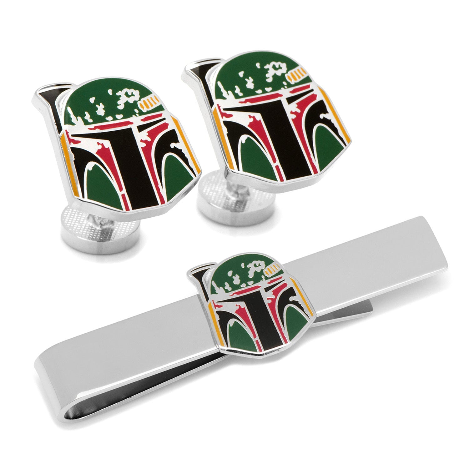 Boba Fett helmet cufflinks and tie bar set on a white background