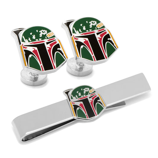 Boba Fett helmet cufflinks and tie bar set on a white background
