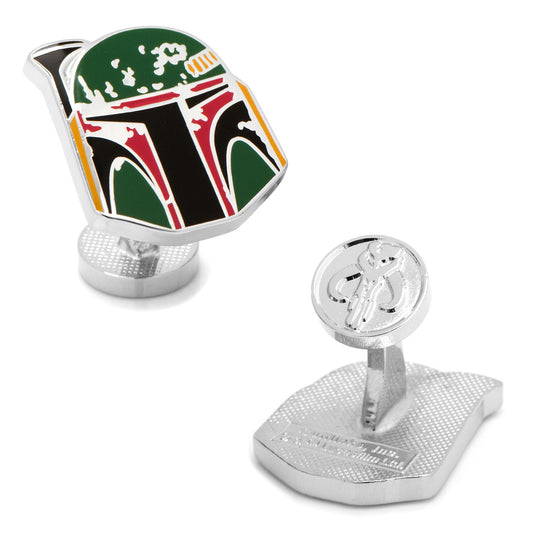 Cufflinks designed like Boba Fett's helmet from Star Wars on a white background