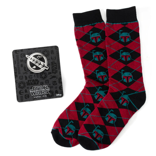 Star Wars Boba Fett Maroon and Black Argyle Socks and Crest Lapel Pin Gift Set