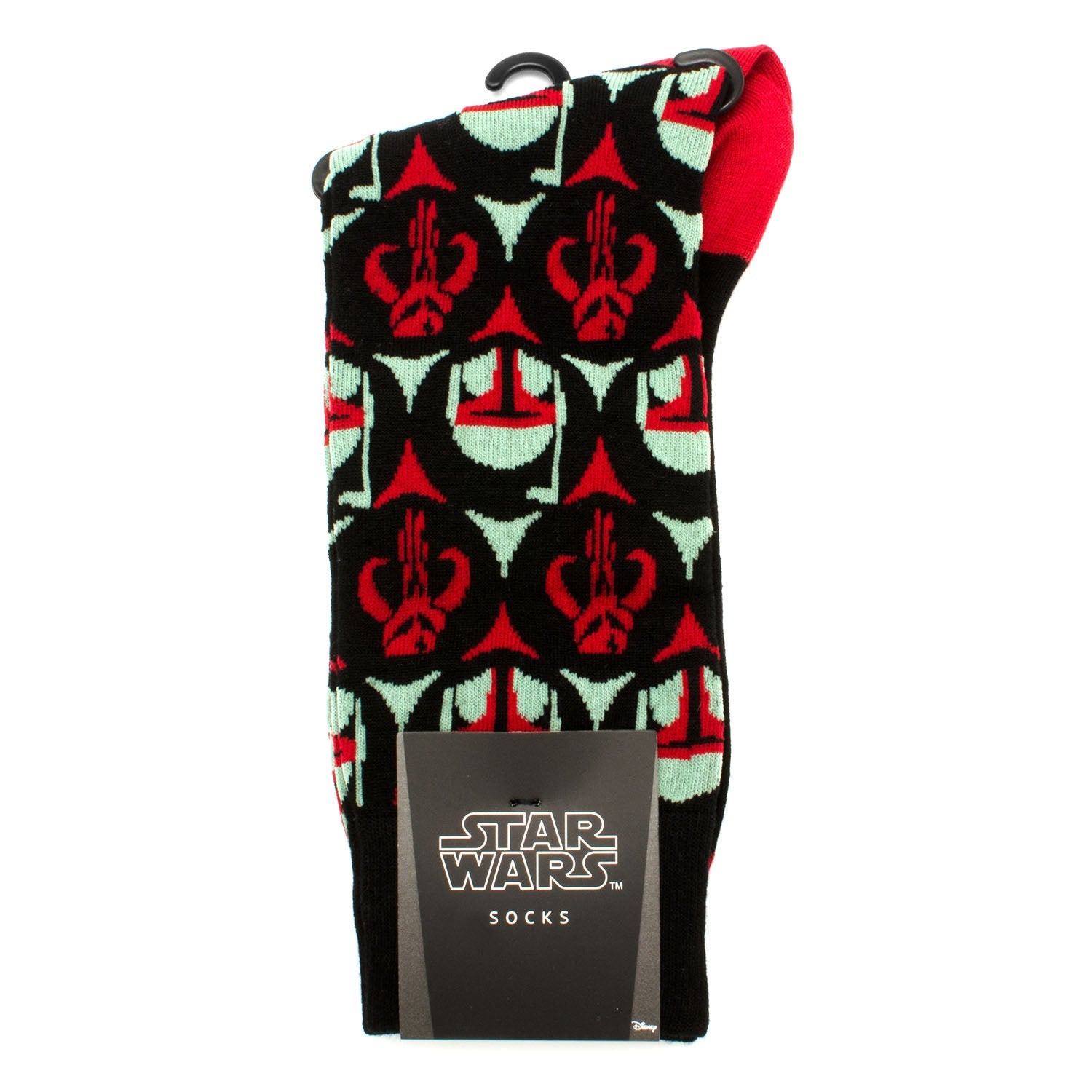Pair of socks with a Star Wars design on a white background