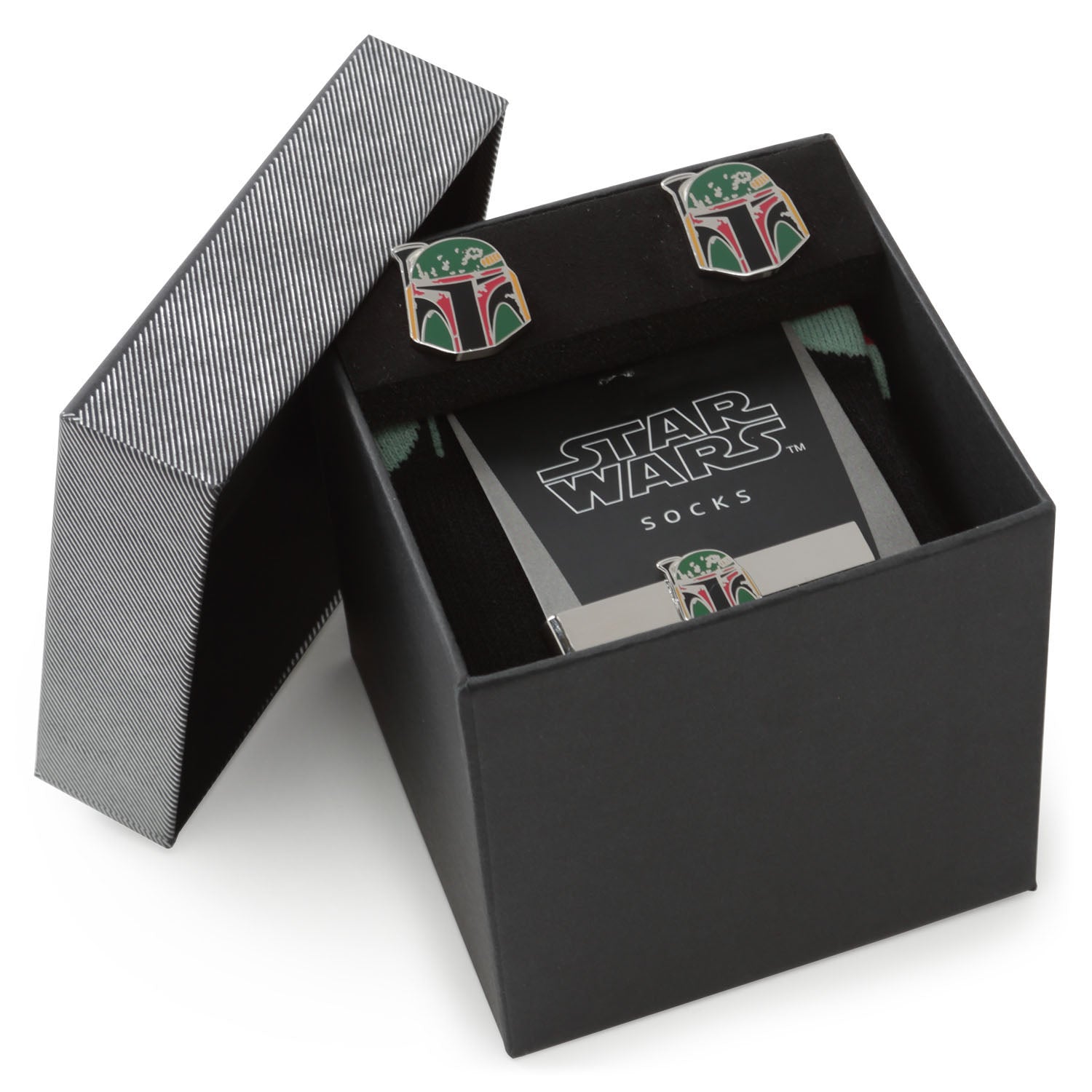 Black gift box with 'Star Wars' socks and Boba Fett design on a white background