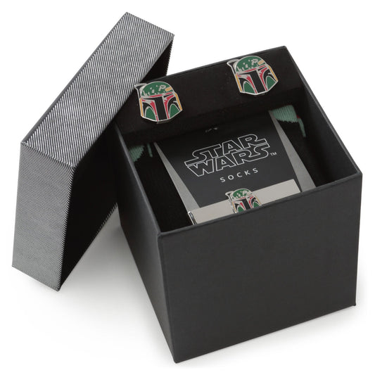 Black gift box with 'Star Wars' socks and Boba Fett design on a white background