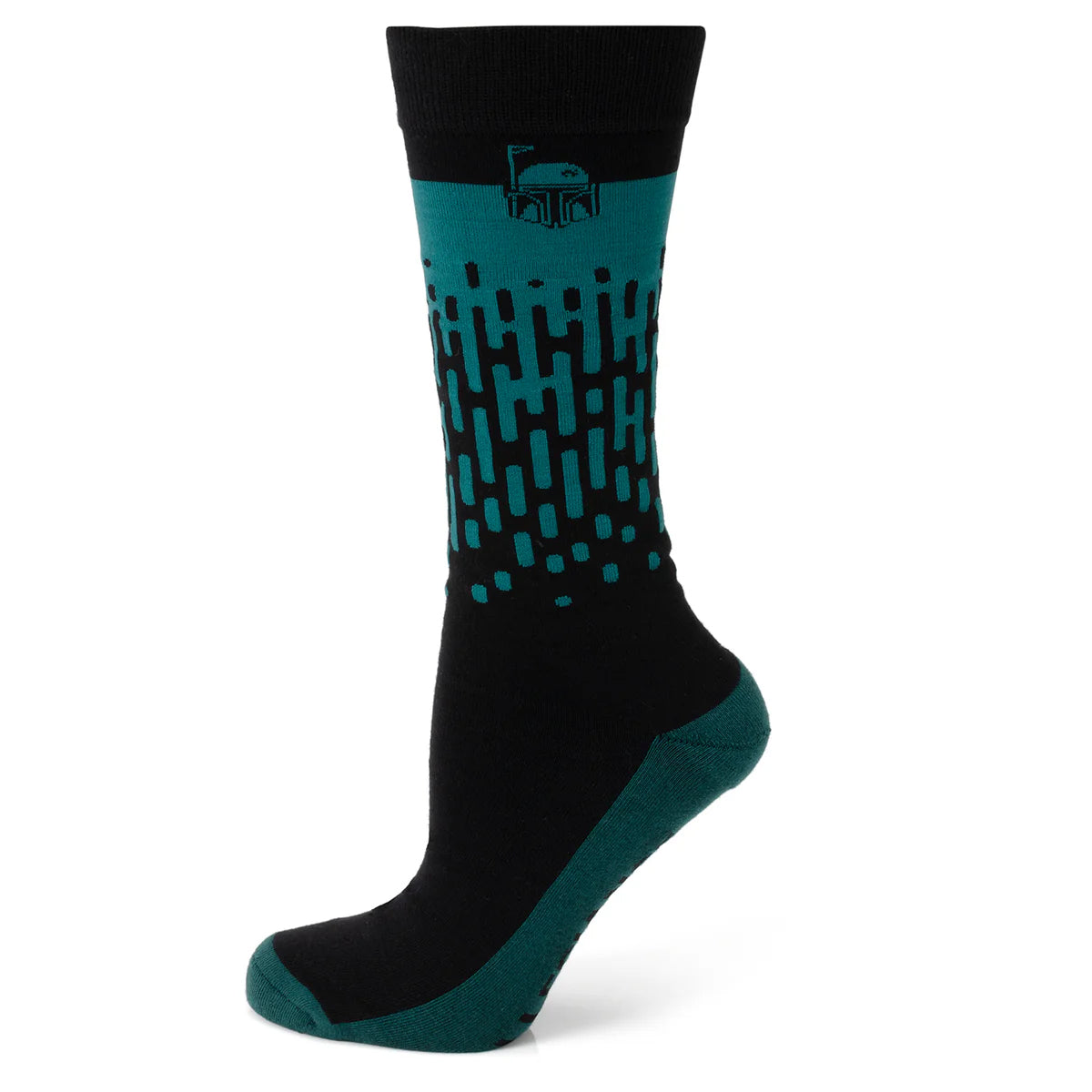 Black and teal sock with geometric pattern on a white background