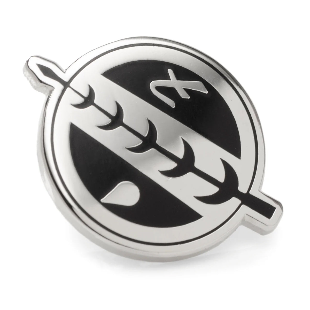 Metallic pendant with black design on a white background