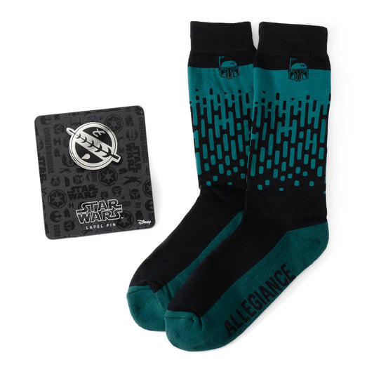 Teal and black socks with a matching pin on a white background