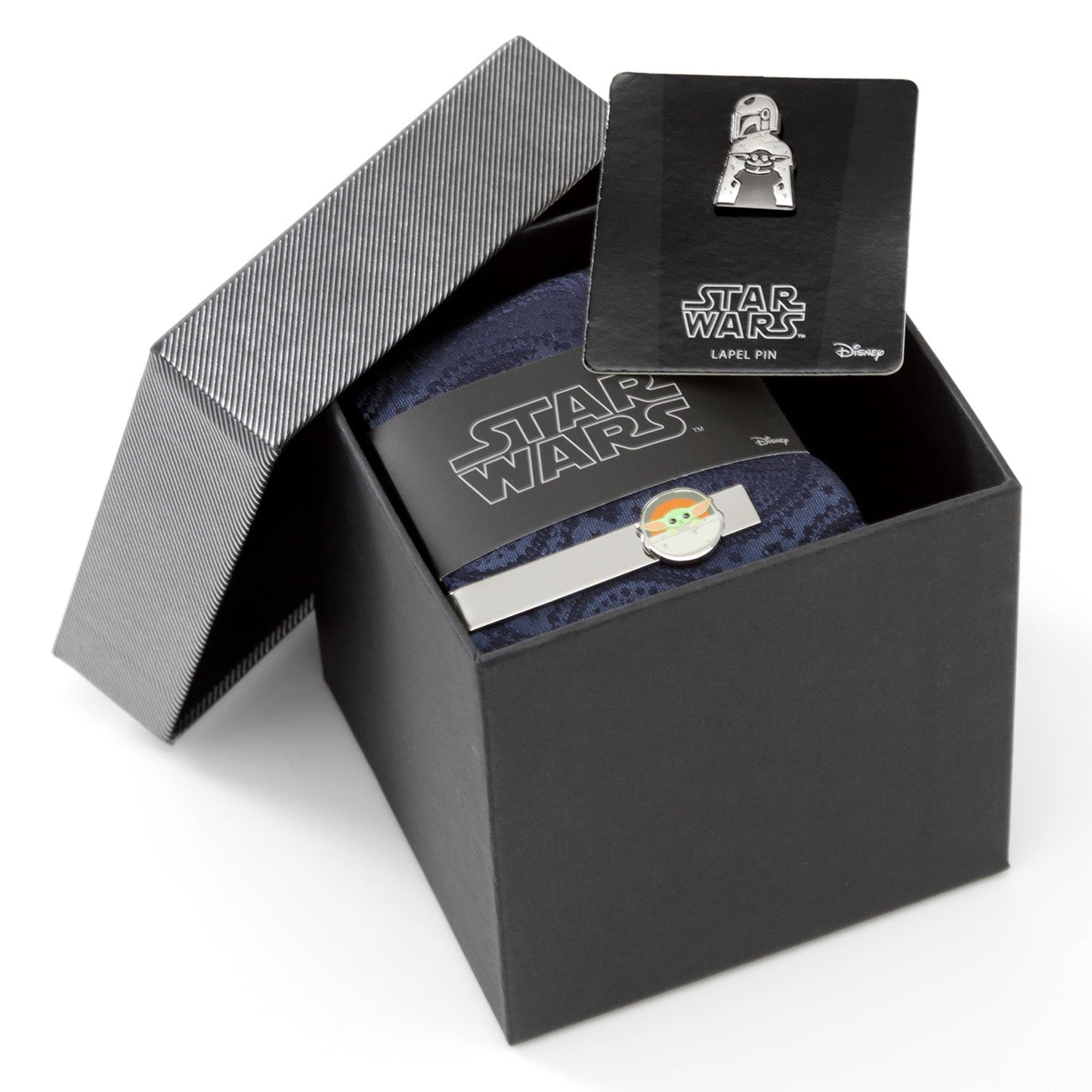 Star Wars Mandalorian and Grogu Navy Paisley Tie, Grogu Tie Bar, and Lapel Pin Gift Set