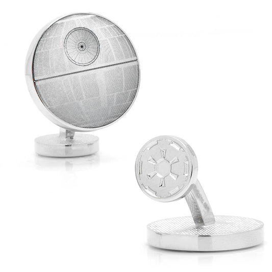 Death Star cufflinks on a white background