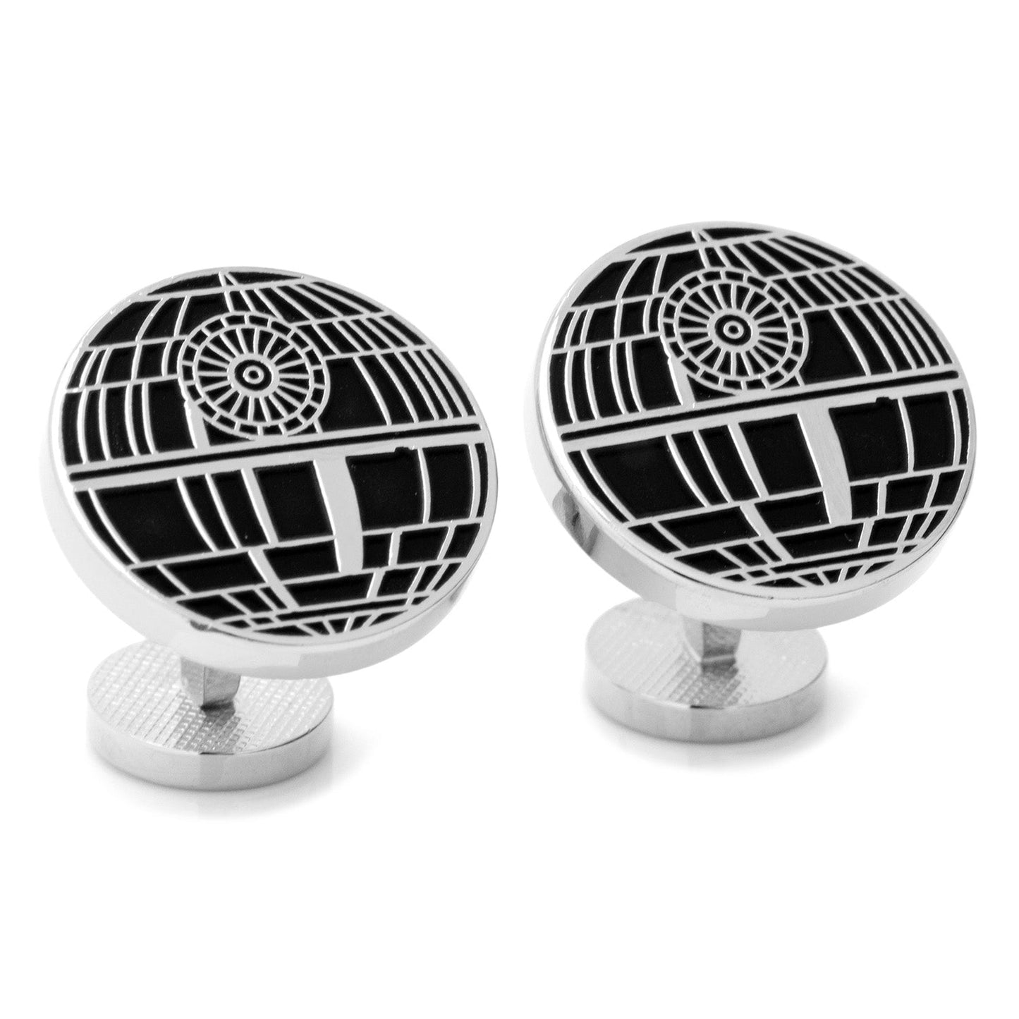 Death Star cufflinks on a white background