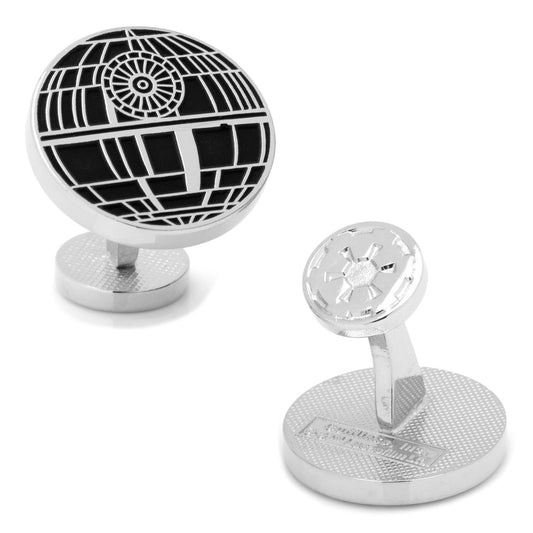 Cufflinks designed like the Death Star from Star Wars on a white background