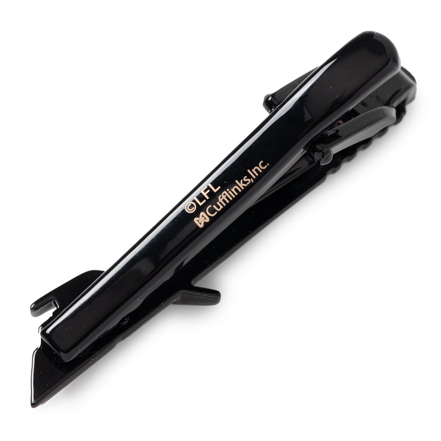 Black tie clip with visible branding on a white background