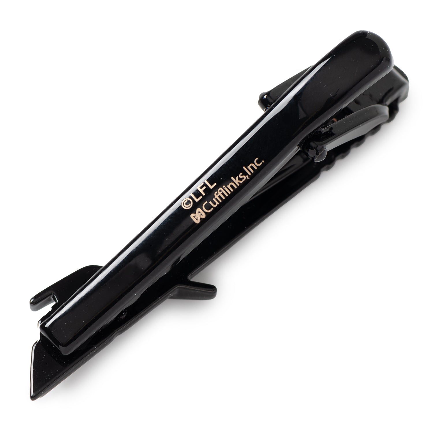 Black tie clip with visible branding on a white background