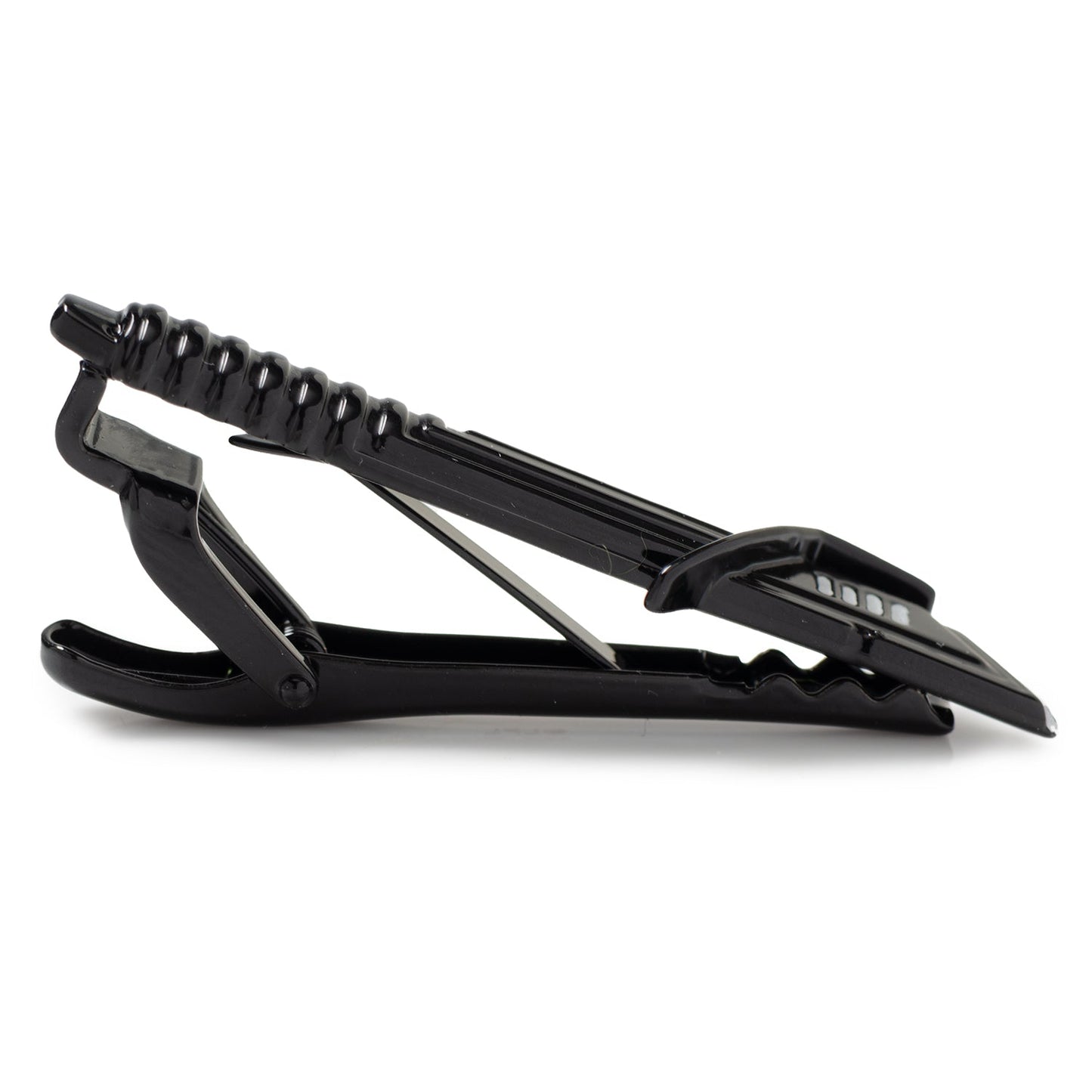 Black metal clip on a white background