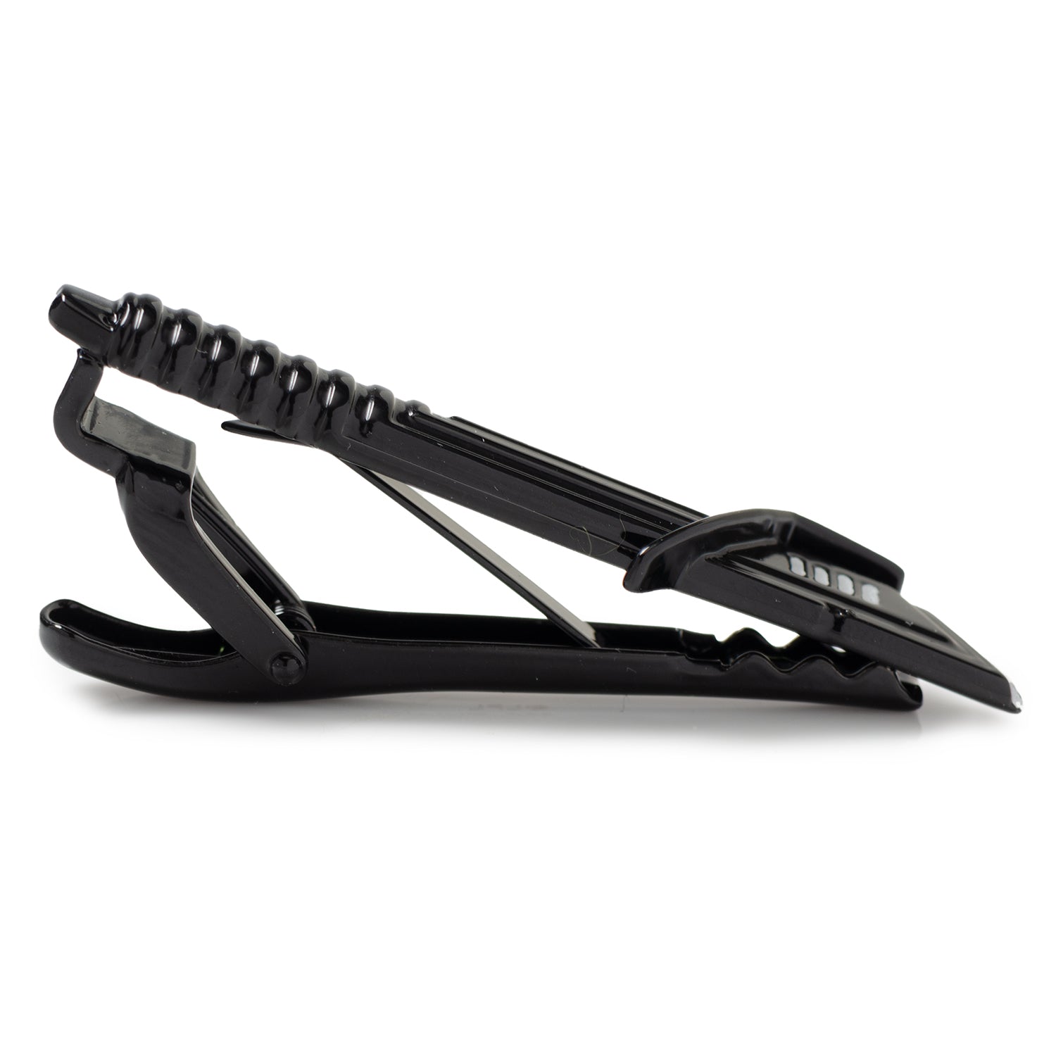 Black metal clip on a white background