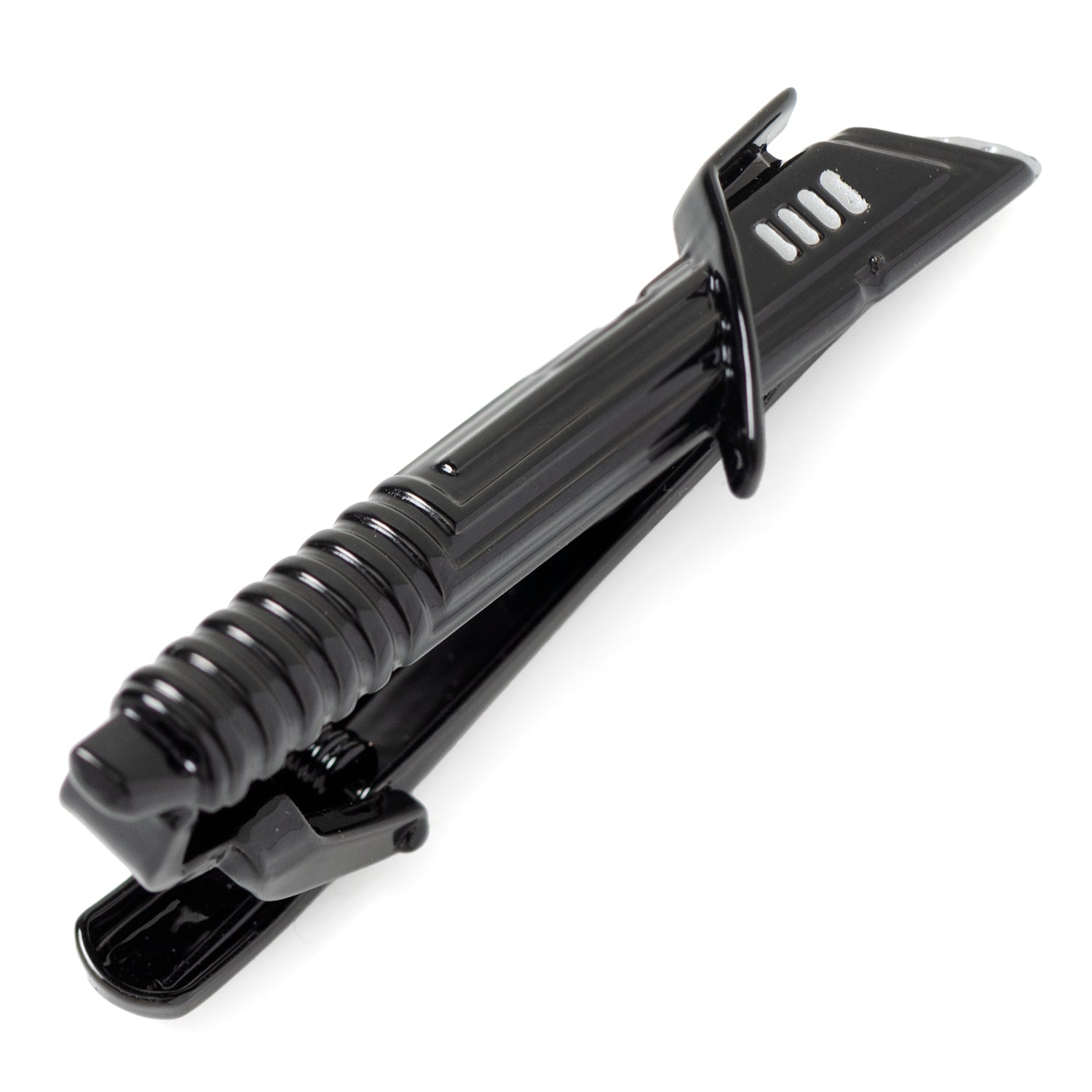Black metal tool with a handle on a white background