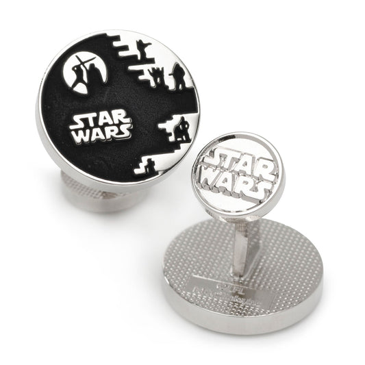 Star Wars cufflinks with black and silver design on a white background