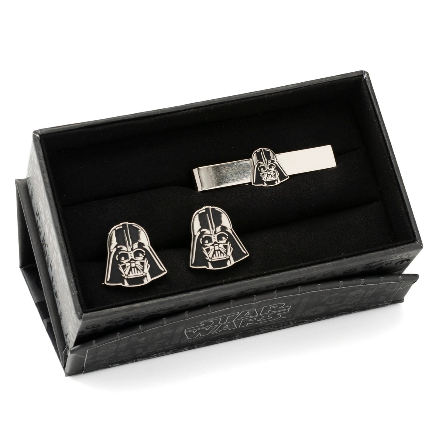 Darth Vader-themed cufflinks and tie clip set in a black box