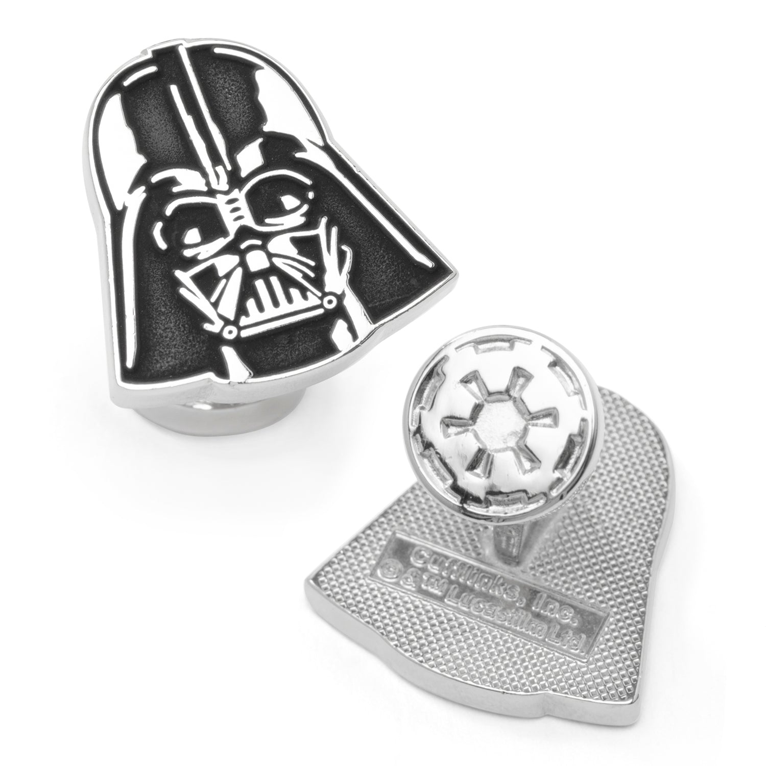 Metallic Darth Vader helmet and Empire logo badge on a white background