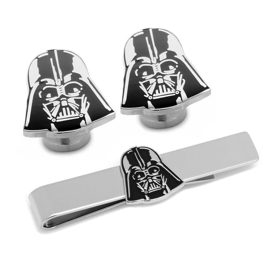 Darth Vader cufflinks and tie clip set on a white background