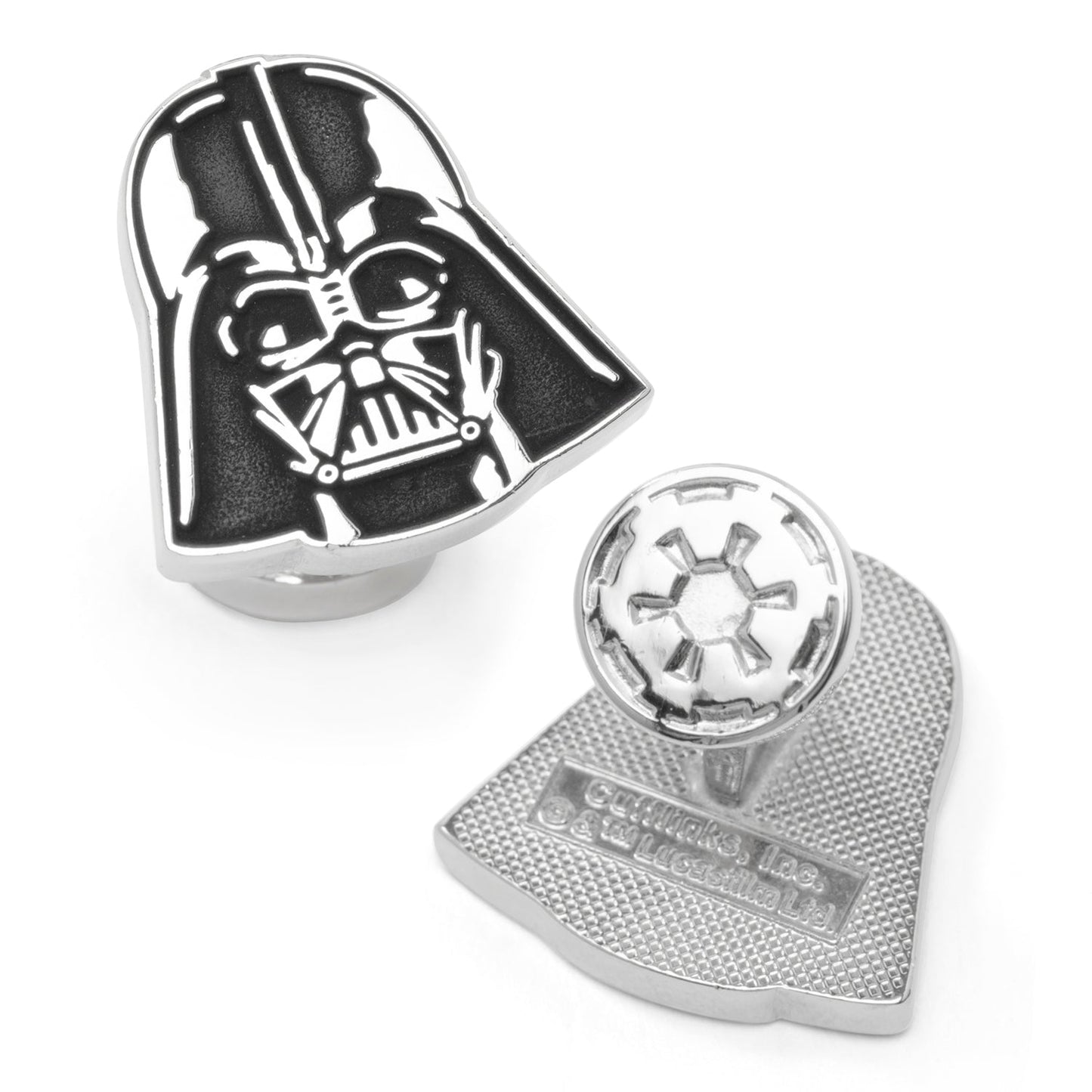 Metallic Darth Vader helmet and Star Wars logo badge on a white background
