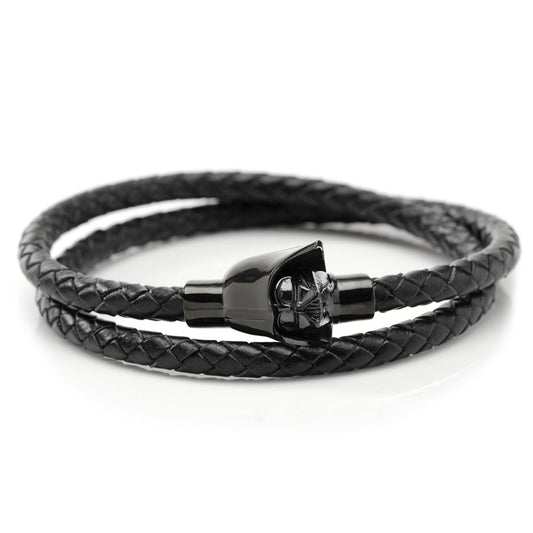 Black braided leather bracelet with a metal clasp on a white background