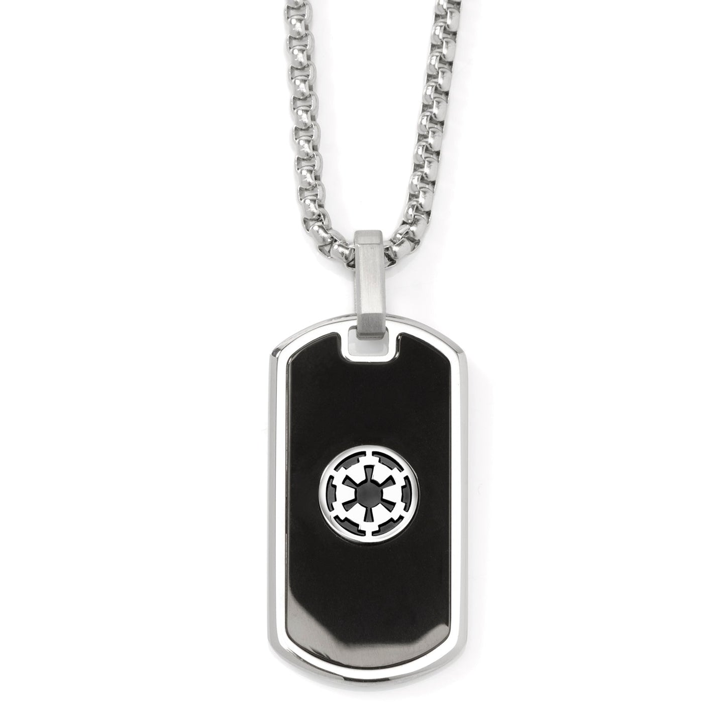 Dog tag necklace with a central emblem on a white background