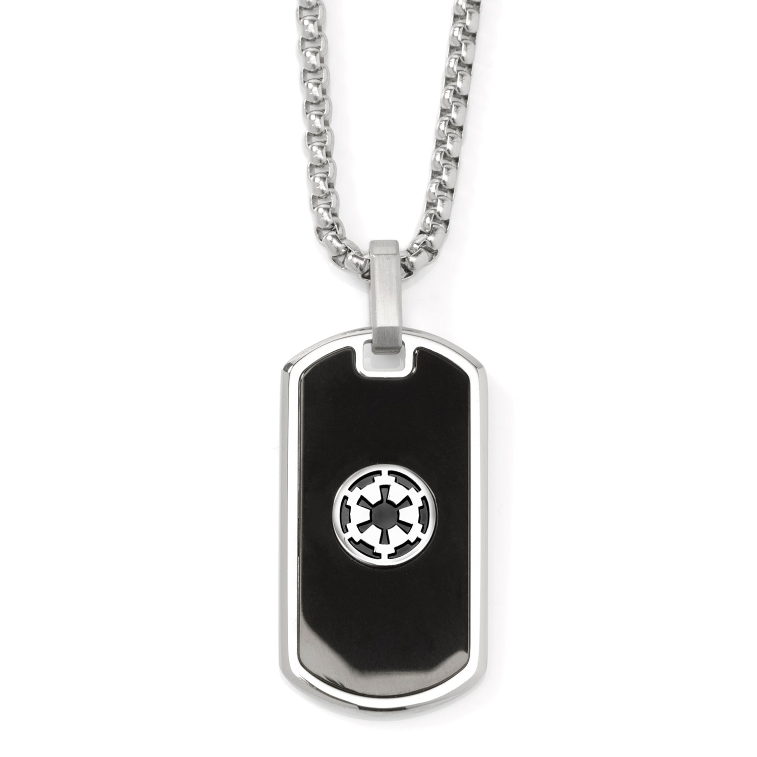 Dog tag necklace with a central emblem on a white background