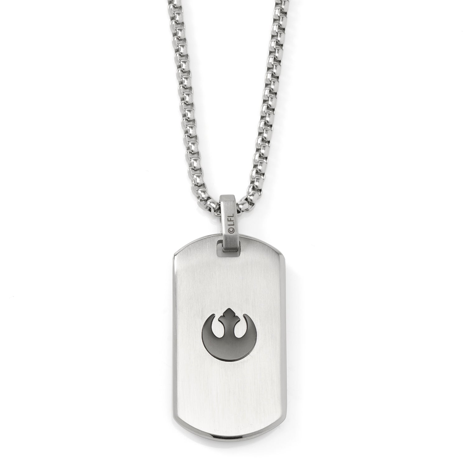 Silver dog tag necklace with Rebel Alliance symbol on a white background