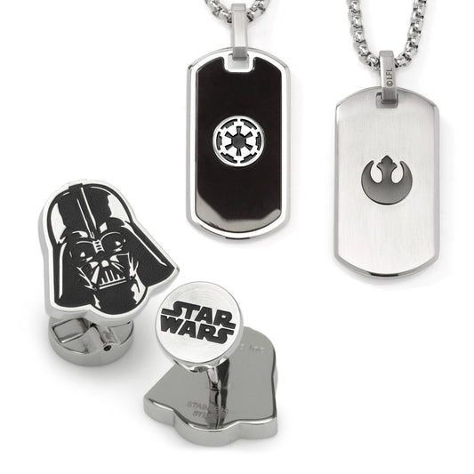 Star Wars-themed necklaces with Darth Vader helmet, Empire, and Rebel logos on a white background.