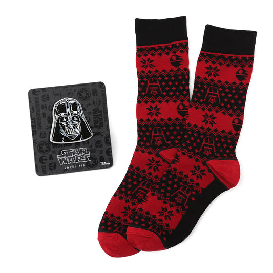 Red and black patterned socks with Darth Vader design, featuring a matching label on a white background.