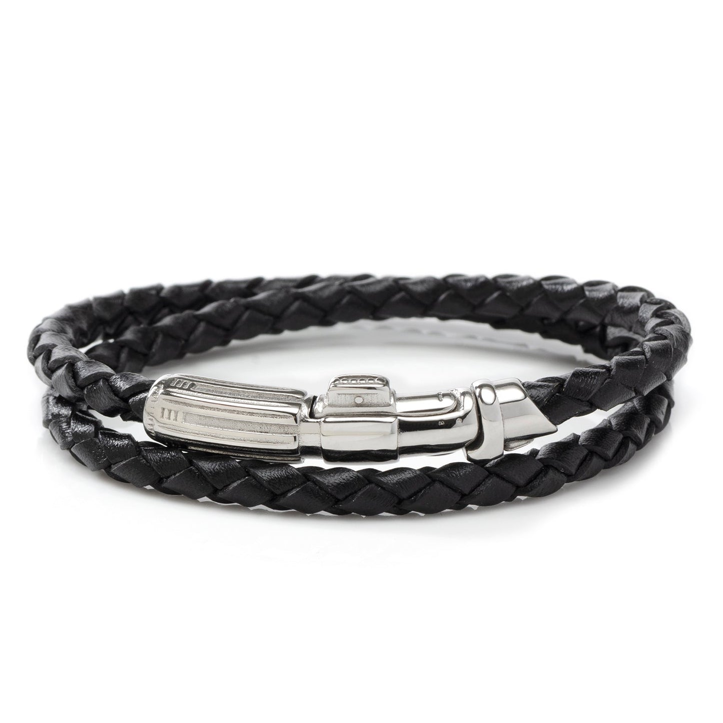 Black braided leather bracelet with a silver clasp on a white background