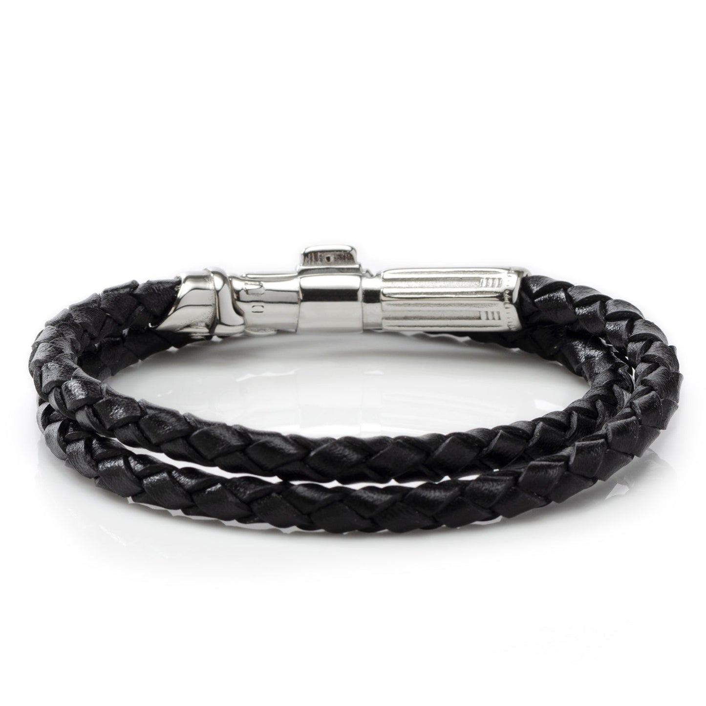 Black braided leather bracelet with silver clasp on a white background