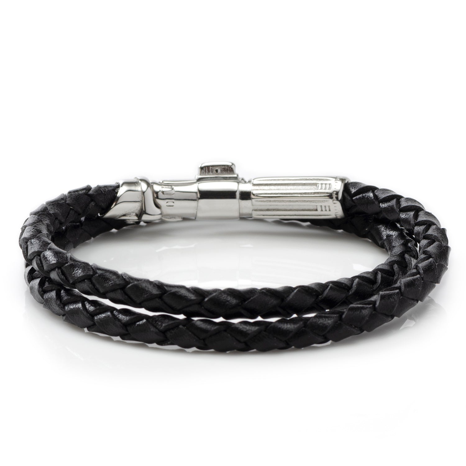 Black braided leather bracelet with silver clasp on a white background