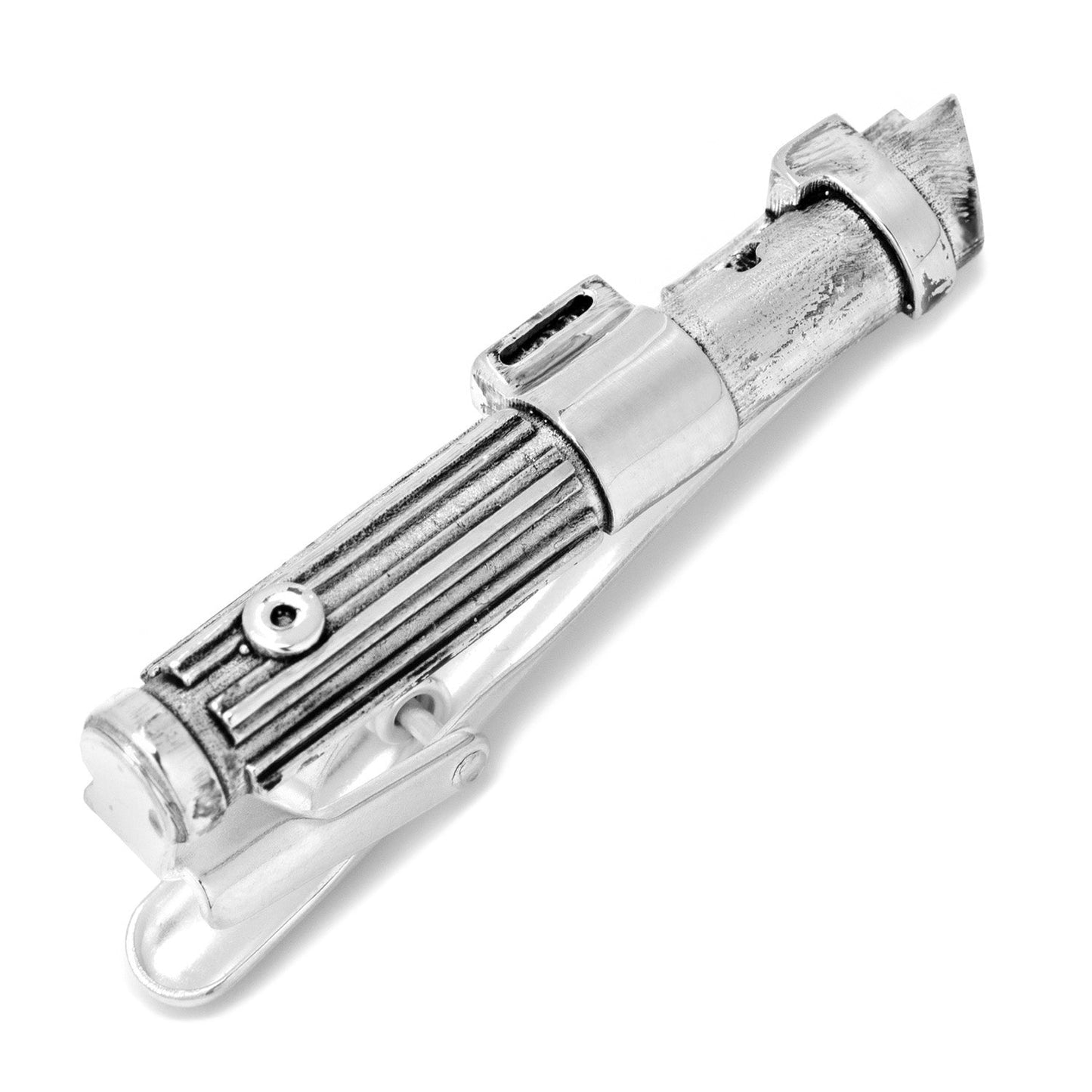 Silver light saber keychain on a white background
