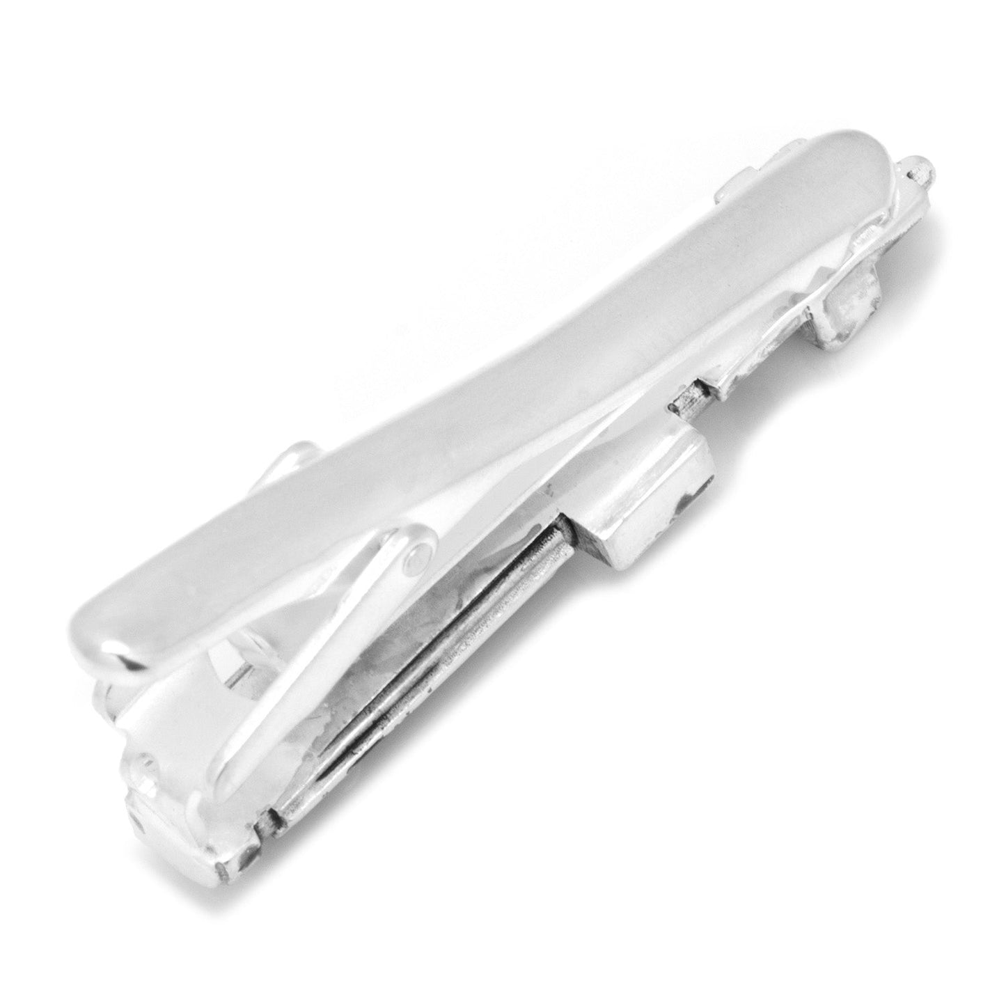 Silver tie clip on a white background