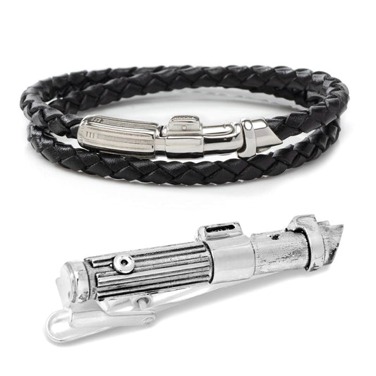 Black braided leather bracelet with silver clasp on a white background Star Wars Darth Vader Light Saber Bracelet and Tie Clip Gift Set