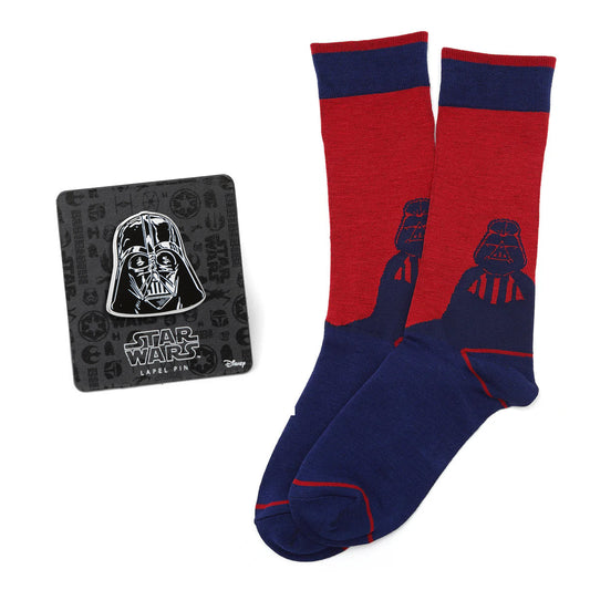 Red and blue socks with Darth Vader design and a Star Wars lapel pin on a white background