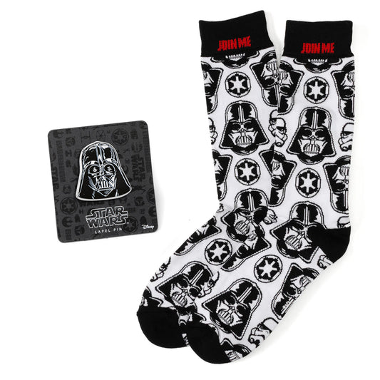 Star Wars-themed socks with Darth Vader design and packaging on a white background