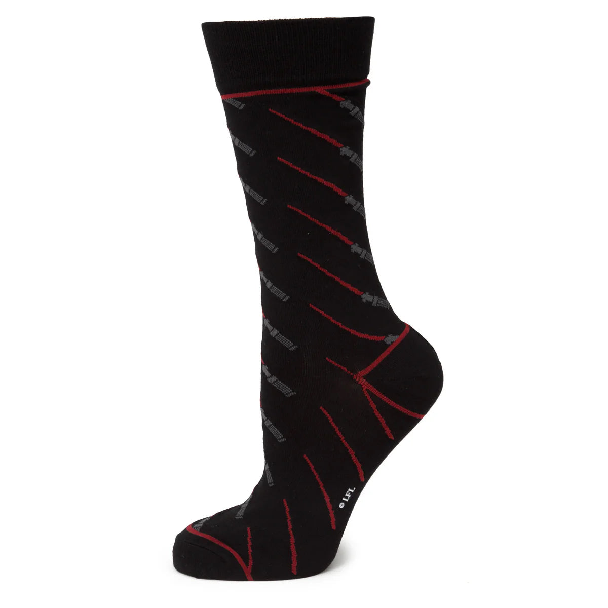 Black sock with red and gray pattern on a white background