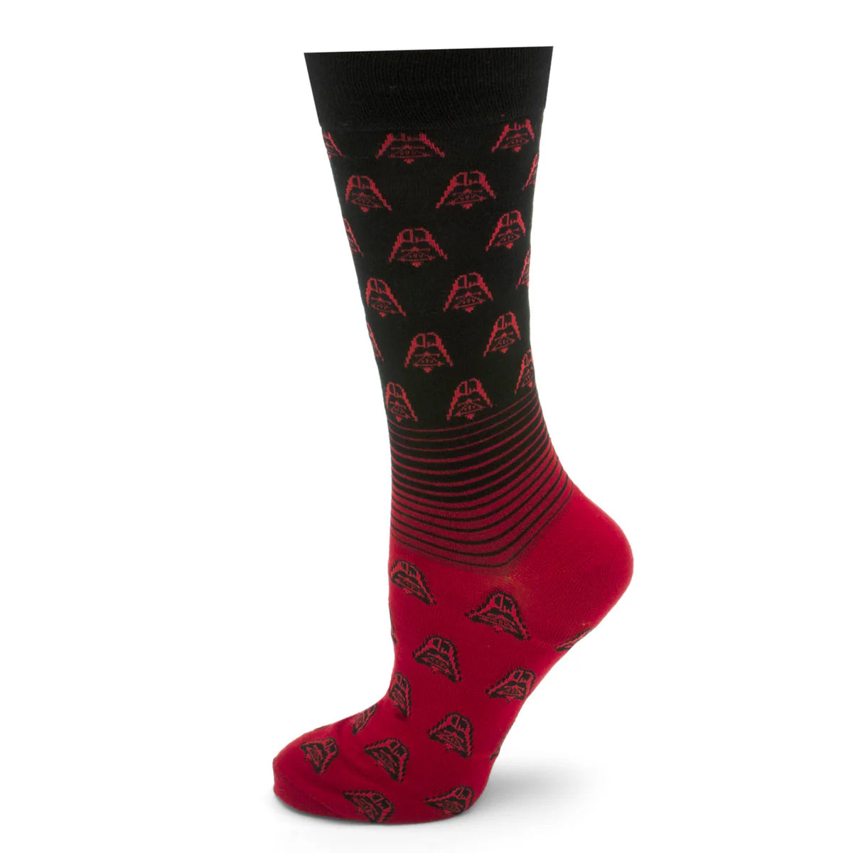 Red and black sock with pattern on a white background