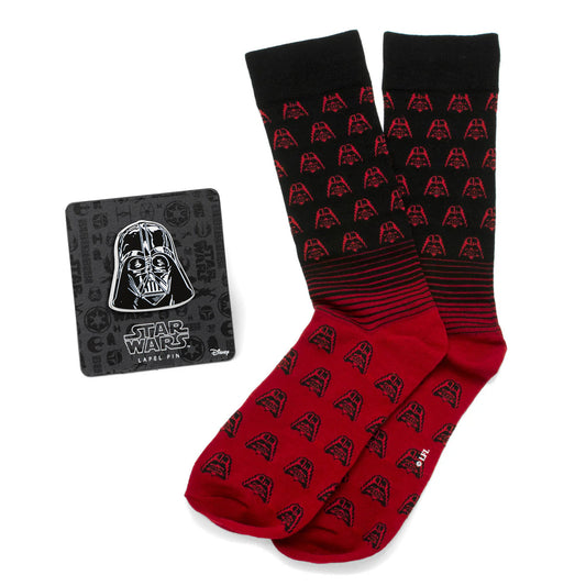Red and black socks with Darth Vader logo and packaging on a white background