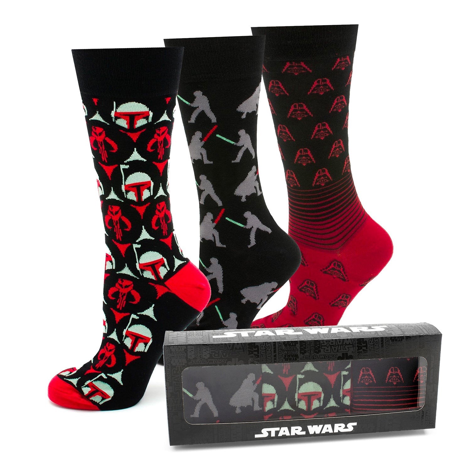 Three pairs of Star Wars-themed socks with a packaging box on a white background