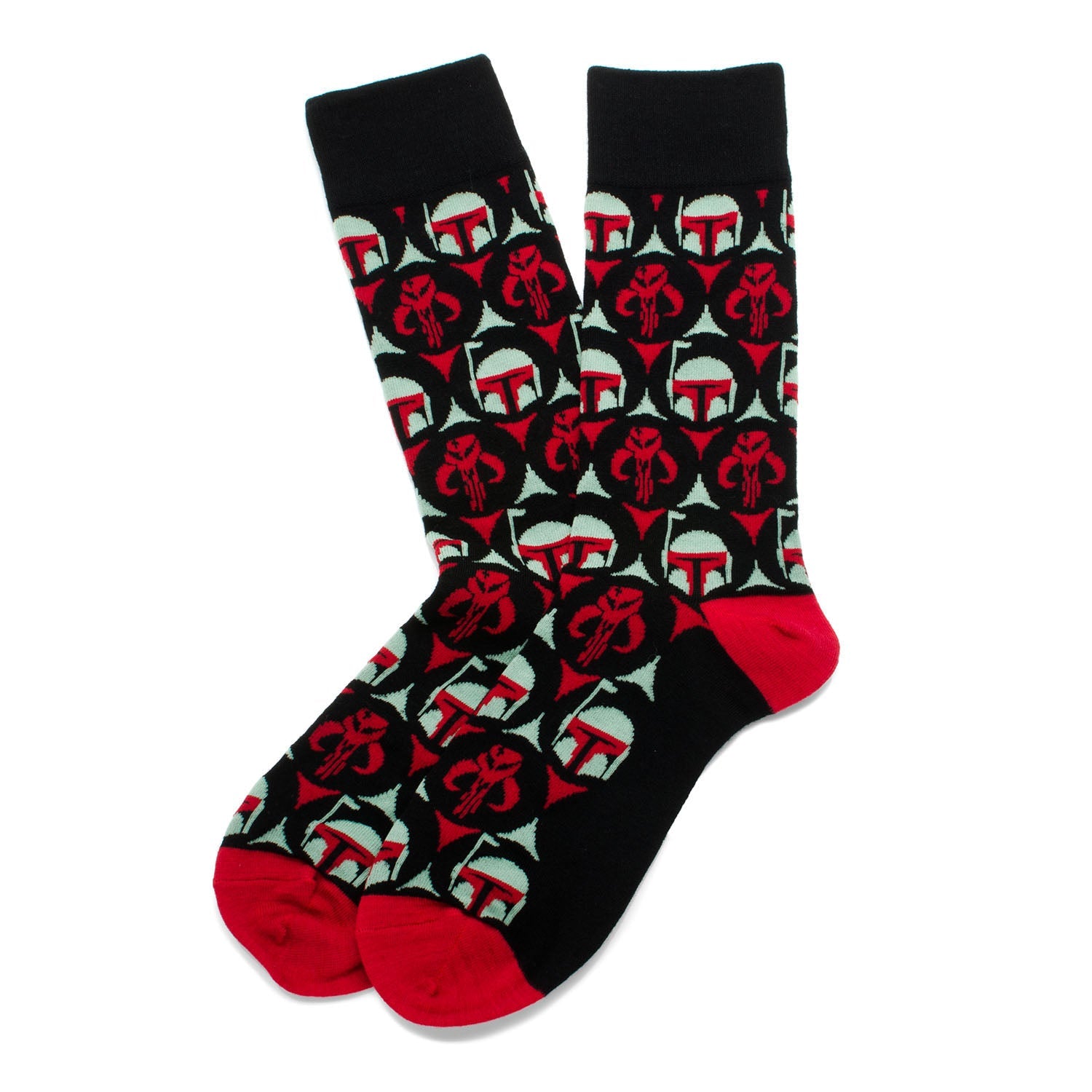 Black socks with red and white pattern on a white background