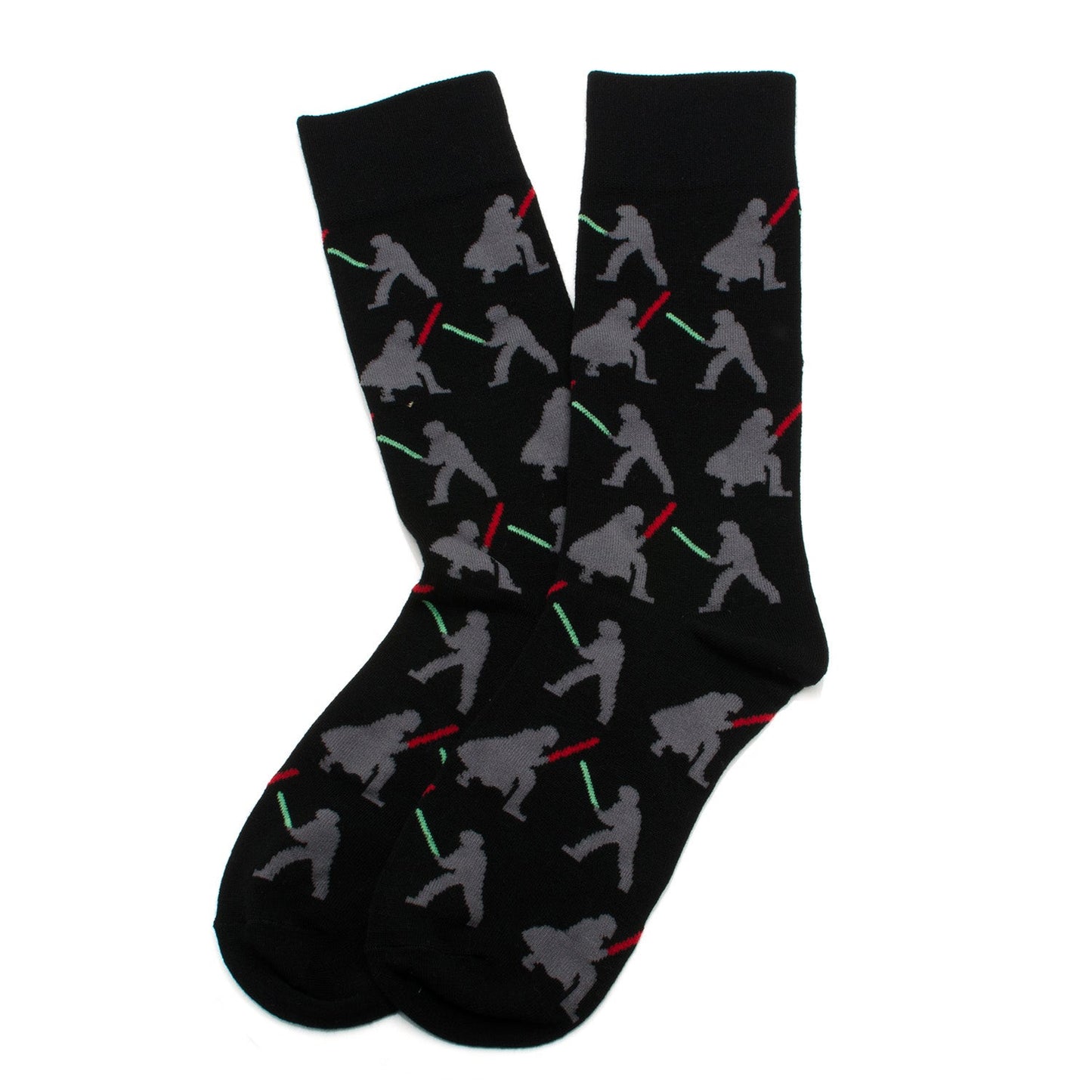 Black socks with gray figures holding lightsabers on a white background
